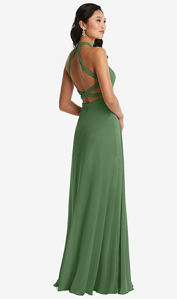 Front View - Vineyard Green Stand Collar Halter Maxi Dress with Criss Cross Open-Back