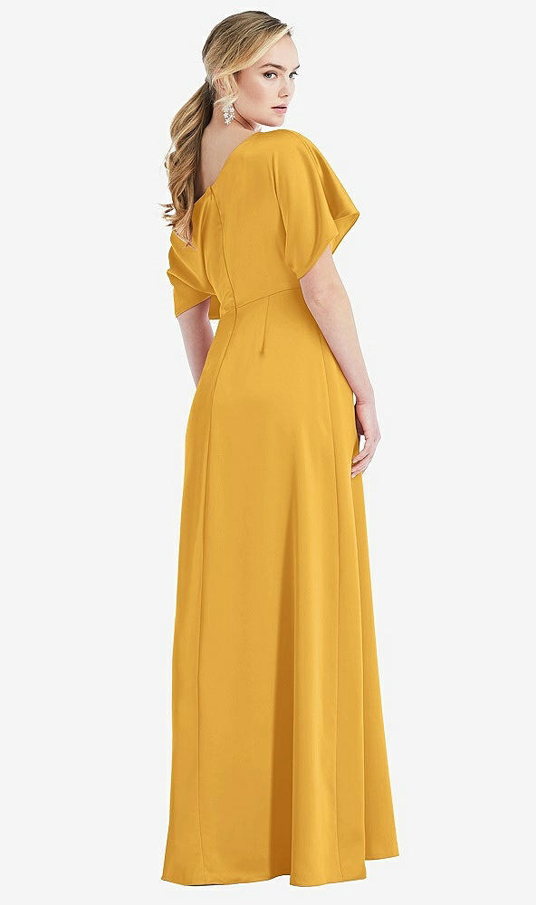 Back View - NYC Yellow One-Shoulder Sleeved Blouson Trumpet Gown