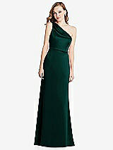 Front View Thumbnail - Evergreen Shirred One-Shoulder Satin Trumpet Dress - Maddie