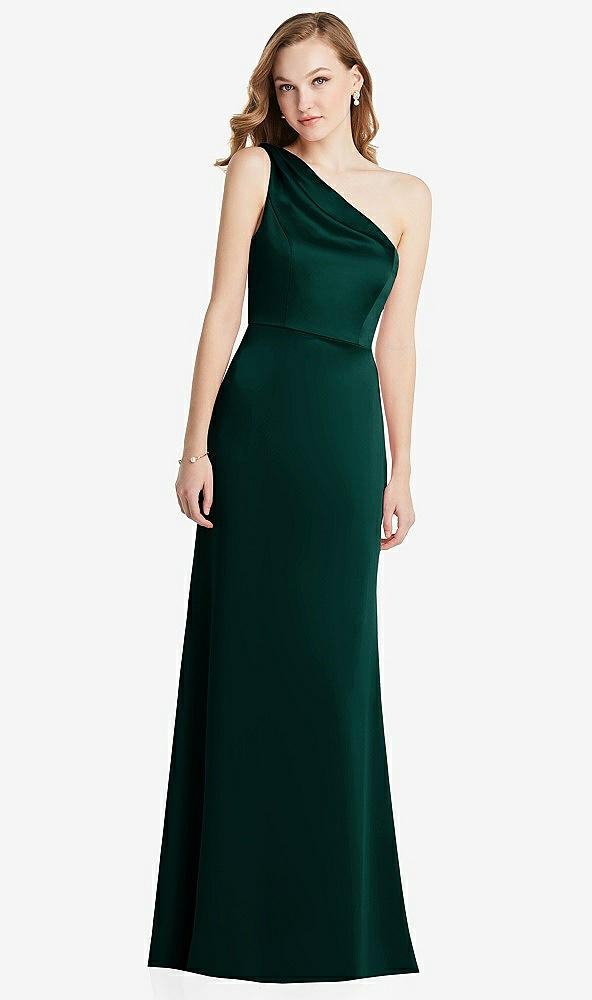 Front View - Evergreen Shirred One-Shoulder Satin Trumpet Dress - Maddie