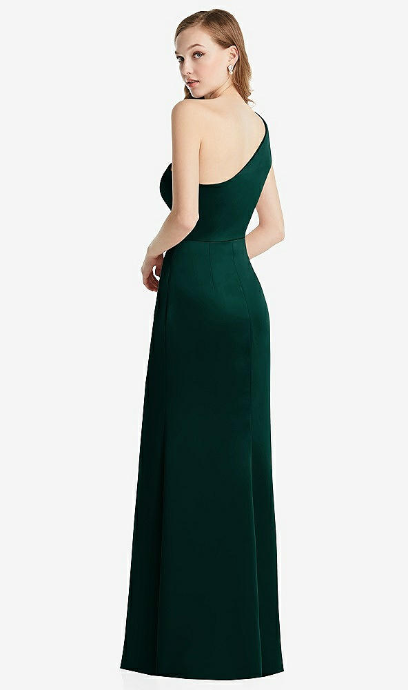 Back View - Evergreen Shirred One-Shoulder Satin Trumpet Dress - Maddie