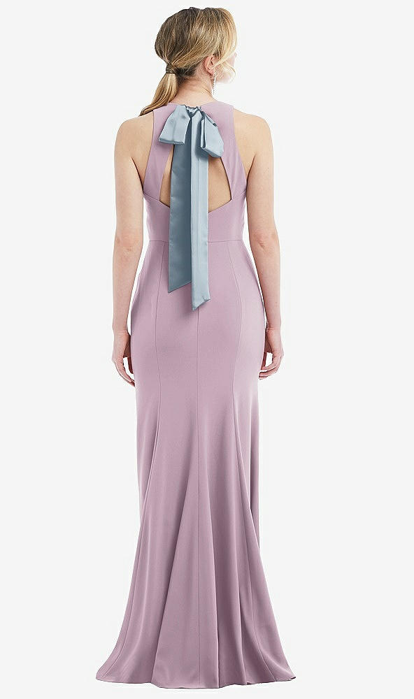 Front View - Suede Rose & Mist Cutout Open-Back Halter Maxi Dress with Scarf Tie