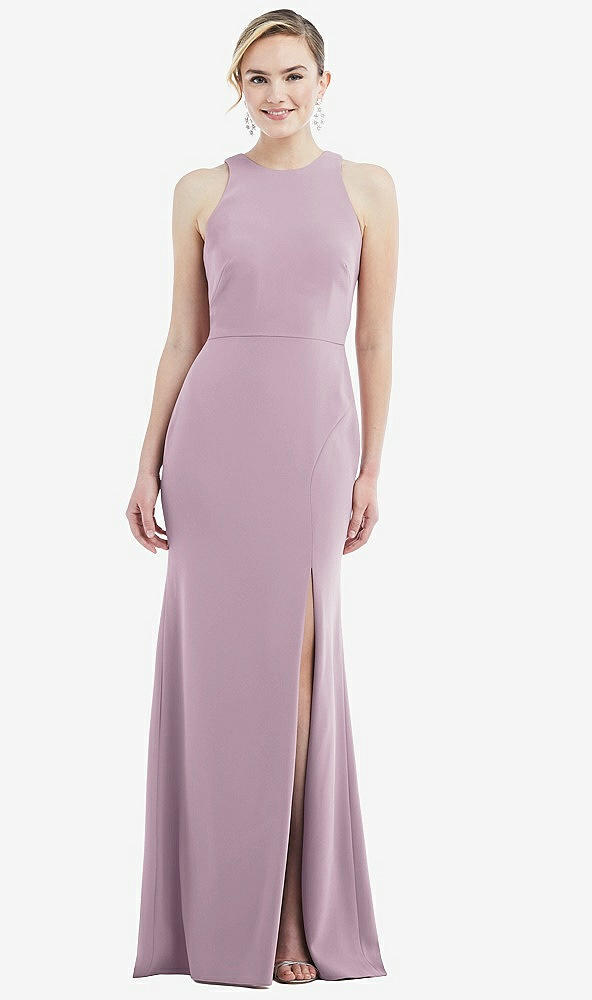 Back View - Suede Rose & Mist Cutout Open-Back Halter Maxi Dress with Scarf Tie
