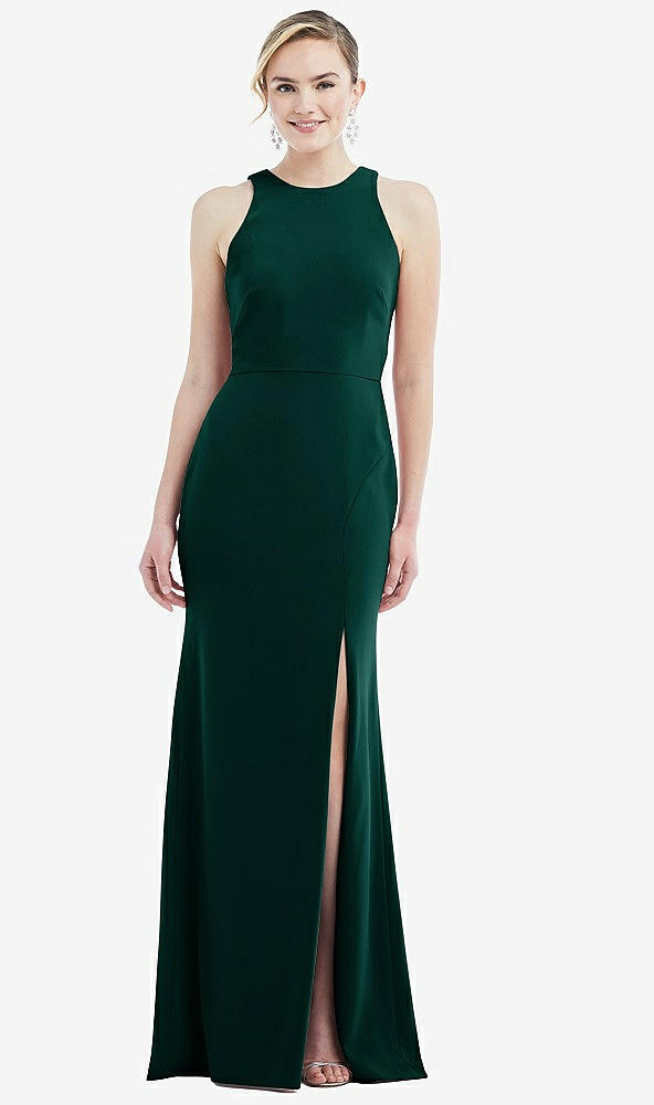 Back View - Evergreen & Mist Cutout Open-Back Halter Maxi Dress with Scarf Tie