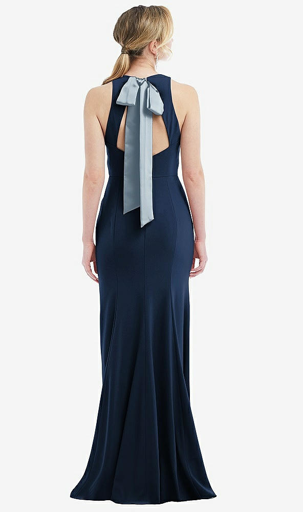 Front View - Midnight Navy & Mist Cutout Open-Back Halter Maxi Dress with Scarf Tie