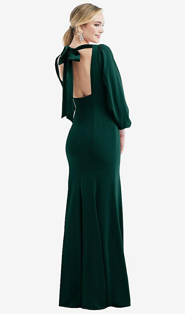 Front View - Evergreen & Evergreen Bishop Sleeve Open-Back Trumpet Gown with Scarf Tie