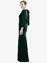 Side View Thumbnail - Evergreen & Evergreen Bishop Sleeve Open-Back Trumpet Gown with Scarf Tie