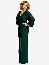 Side View Thumbnail - Evergreen Long Puff Sleeve V-Neck Trumpet Gown