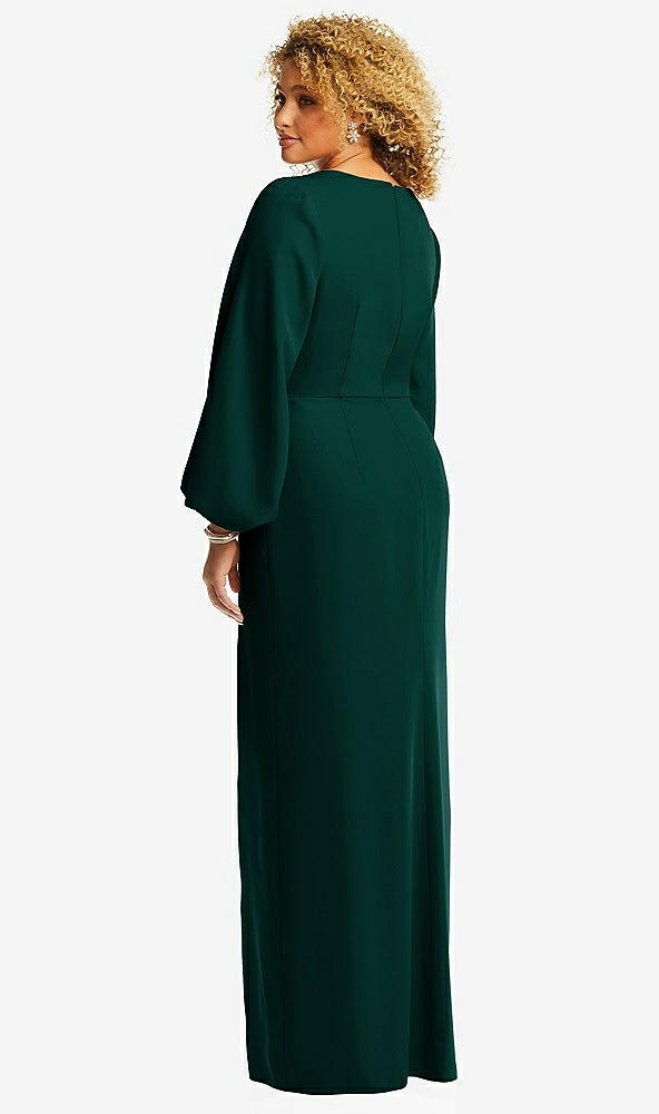 Back View - Evergreen Long Puff Sleeve V-Neck Trumpet Gown