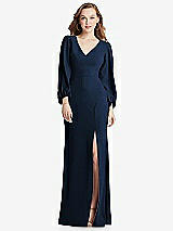 Alt View 1 Thumbnail - Midnight Navy Long Puff Sleeve V-Neck Trumpet Gown