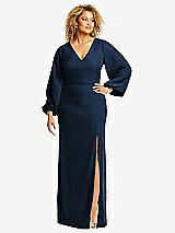 Front View Thumbnail - Midnight Navy Long Puff Sleeve V-Neck Trumpet Gown