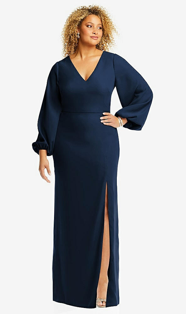 Front View - Midnight Navy Long Puff Sleeve V-Neck Trumpet Gown