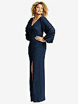 Side View Thumbnail - Midnight Navy Long Puff Sleeve V-Neck Trumpet Gown