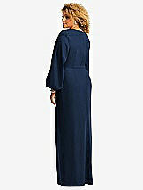 Rear View Thumbnail - Midnight Navy Long Puff Sleeve V-Neck Trumpet Gown