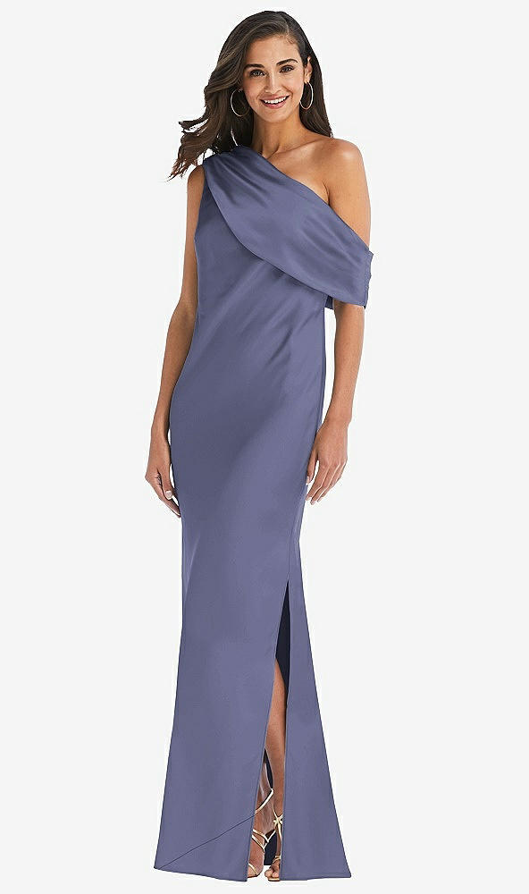 Front View - French Blue Draped One-Shoulder Convertible Maxi Slip Dress