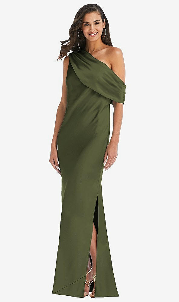 Front View - Olive Green Draped One-Shoulder Convertible Maxi Slip Dress