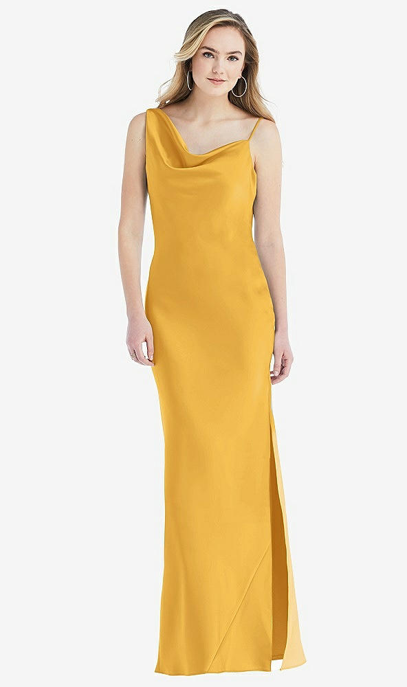 Front View - NYC Yellow Asymmetrical One-Shoulder Cowl Maxi Slip Dress