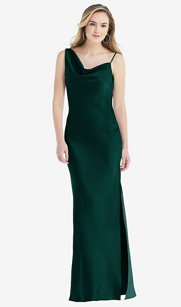 Front View - Evergreen Asymmetrical One-Shoulder Cowl Maxi Slip Dress