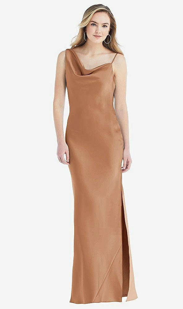 Front View - Toffee Asymmetrical One-Shoulder Cowl Maxi Slip Dress