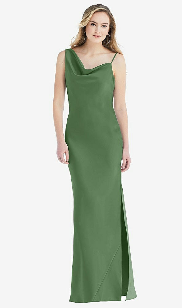 Front View - Vineyard Green Asymmetrical One-Shoulder Cowl Maxi Slip Dress