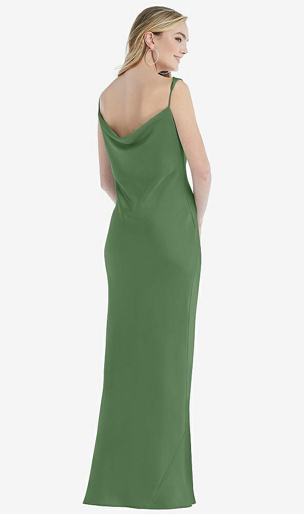 Back View - Vineyard Green Asymmetrical One-Shoulder Cowl Maxi Slip Dress