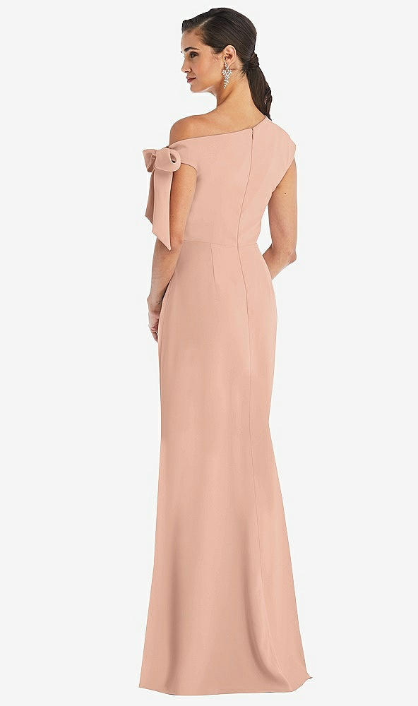 Back View - Pale Peach Off-the-Shoulder Tie Detail Trumpet Gown with Front Slit