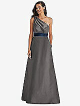 Alt View 1 Thumbnail - Caviar Gray & Midnight Navy Draped One-Shoulder Satin Maxi Dress with Pockets