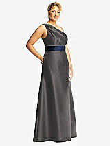Side View Thumbnail - Caviar Gray & Midnight Navy Draped One-Shoulder Satin Maxi Dress with Pockets