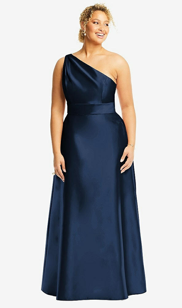 Front View - Midnight Navy & Midnight Navy Draped One-Shoulder Satin Maxi Dress with Pockets