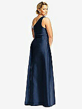 Rear View Thumbnail - Midnight Navy & Midnight Navy Draped One-Shoulder Satin Maxi Dress with Pockets