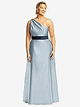 Front View Thumbnail - Mist & Midnight Navy Draped One-Shoulder Satin Maxi Dress with Pockets