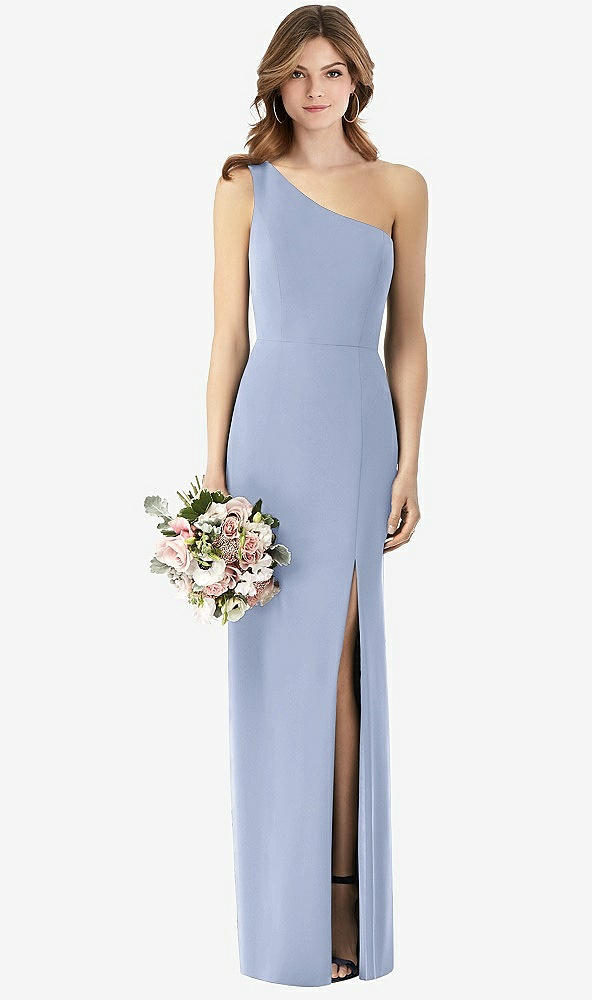 Front View - Sky Blue One-Shoulder Crepe Trumpet Gown with Front Slit