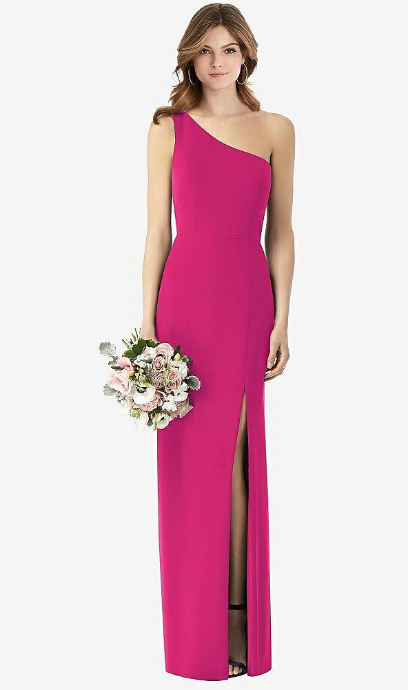 Front View - Think Pink One-Shoulder Crepe Trumpet Gown with Front Slit