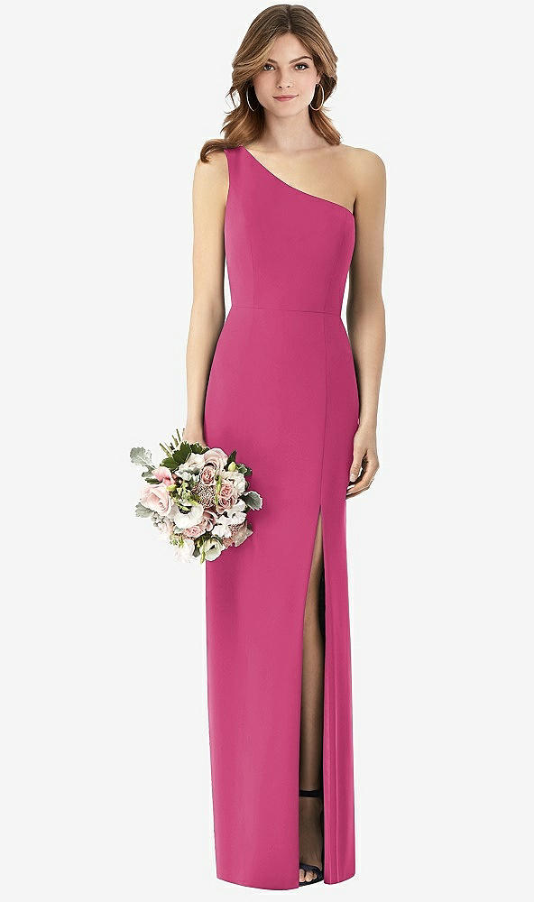 Front View - Tea Rose One-Shoulder Crepe Trumpet Gown with Front Slit