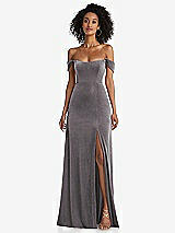 Front View Thumbnail - Caviar Gray Off-the-Shoulder Flounce Sleeve Velvet Maxi Dress