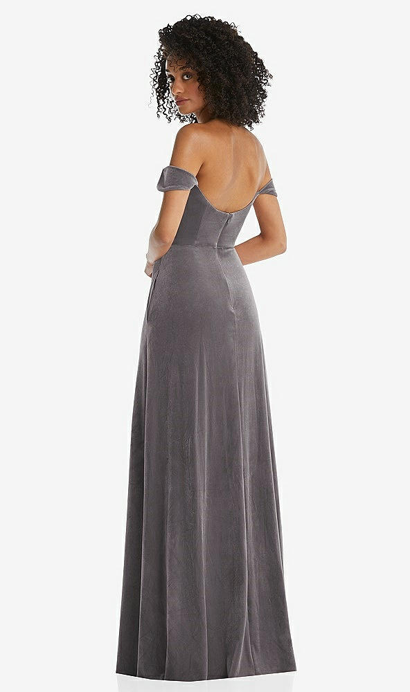 Back View - Caviar Gray Off-the-Shoulder Flounce Sleeve Velvet Maxi Dress
