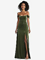 Front View Thumbnail - Olive Green Off-the-Shoulder Flounce Sleeve Velvet Maxi Dress