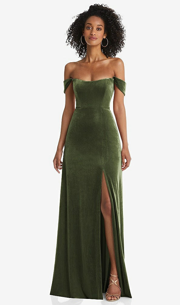 Front View - Olive Green Off-the-Shoulder Flounce Sleeve Velvet Maxi Dress