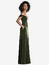 Side View Thumbnail - Olive Green Off-the-Shoulder Flounce Sleeve Velvet Maxi Dress