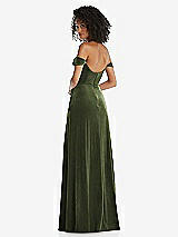 Rear View Thumbnail - Olive Green Off-the-Shoulder Flounce Sleeve Velvet Maxi Dress