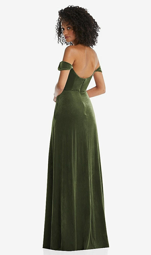 Back View - Olive Green Off-the-Shoulder Flounce Sleeve Velvet Maxi Dress