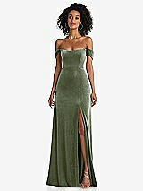 Front View Thumbnail - Sage Off-the-Shoulder Flounce Sleeve Velvet Maxi Dress