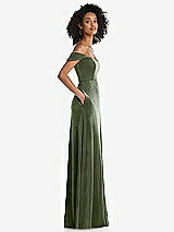 Side View Thumbnail - Sage Off-the-Shoulder Flounce Sleeve Velvet Maxi Dress