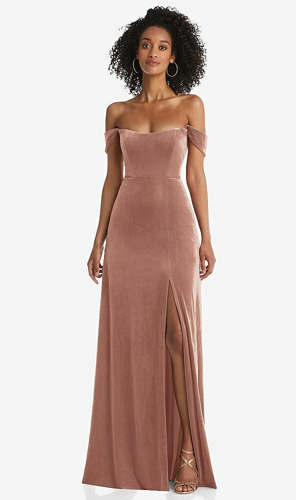 Front View - Tawny Rose Off-the-Shoulder Flounce Sleeve Velvet Maxi Dress