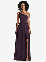 Front View Thumbnail - Aubergine One-Shoulder Chiffon Maxi Dress with Shirred Front Slit