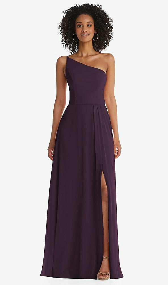 Front View - Aubergine One-Shoulder Chiffon Maxi Dress with Shirred Front Slit