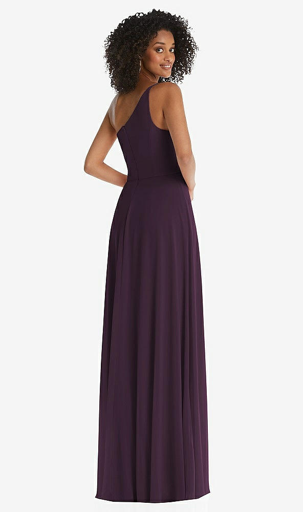 Back View - Aubergine One-Shoulder Chiffon Maxi Dress with Shirred Front Slit