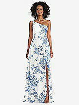 Front View Thumbnail - Cottage Rose Dusk Blue One-Shoulder Chiffon Maxi Dress with Shirred Front Slit