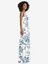 Side View Thumbnail - Cottage Rose Dusk Blue One-Shoulder Chiffon Maxi Dress with Shirred Front Slit