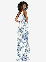 Rear View Thumbnail - Cottage Rose Dusk Blue One-Shoulder Chiffon Maxi Dress with Shirred Front Slit